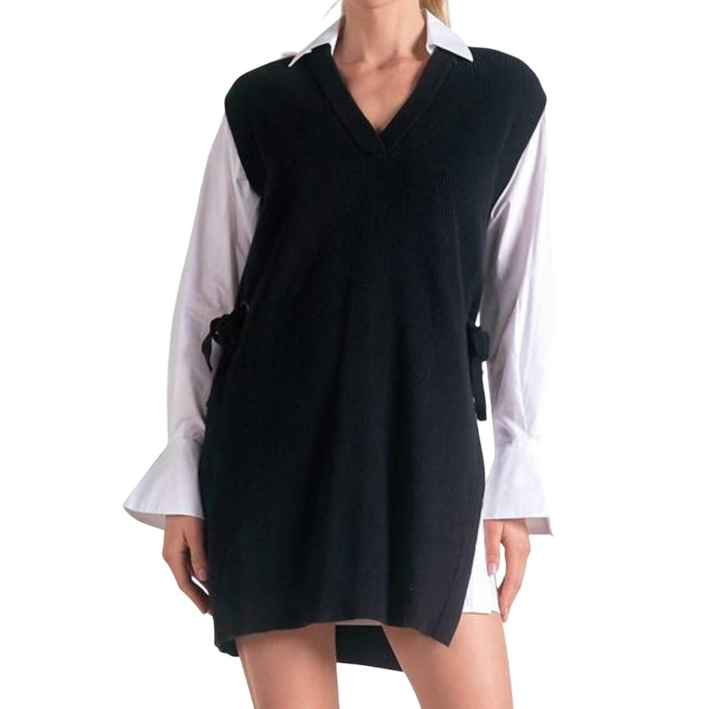 Elan Womens Black Knit Sweater Vest Whiteโ Button Down Shirt Layered Top L